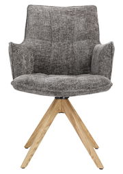 Grauer Sessel mit gepolsterter Sitzfläche und Rückenlehne, auf einem Holzgestell mit vier Beinen, Frontalansicht