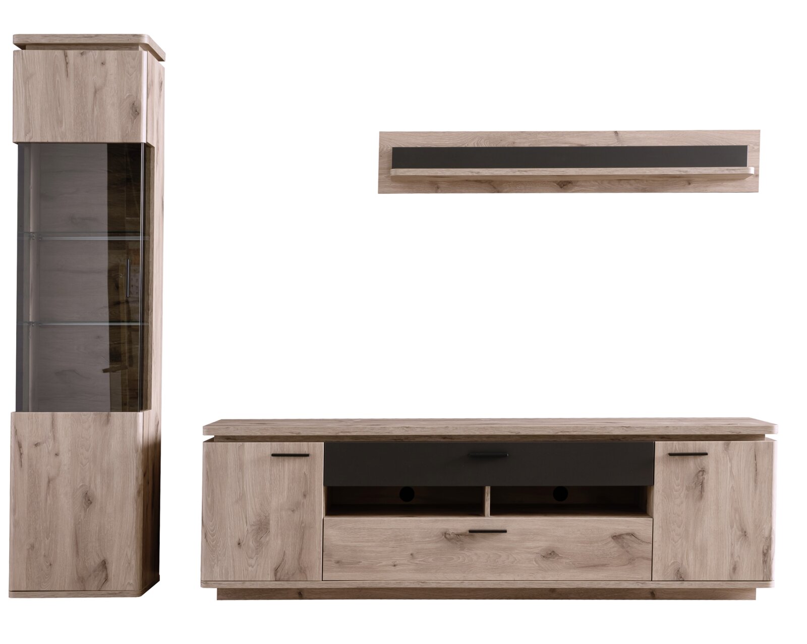 Zurbrüggen Wandkombination MODENA Wohnwand-Set im modernen Design aus heller Eichenoptik mit schwarzer Akzentfront, bestehend aus Vitrine mit Glasfront, TV-Lowboard und Wandboard; Frontansicht