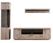 Wohnwand-Set im modernen Design aus heller Eichenoptik mit schwarzer Akzentfront, bestehend aus Vitrine mit Glasfront, TV-Lowboard und Wandboard; Frontansicht