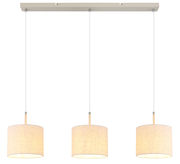 Hängeleuchte mit drei zylindrischen Lampenschirmen in beige, frontalansicht