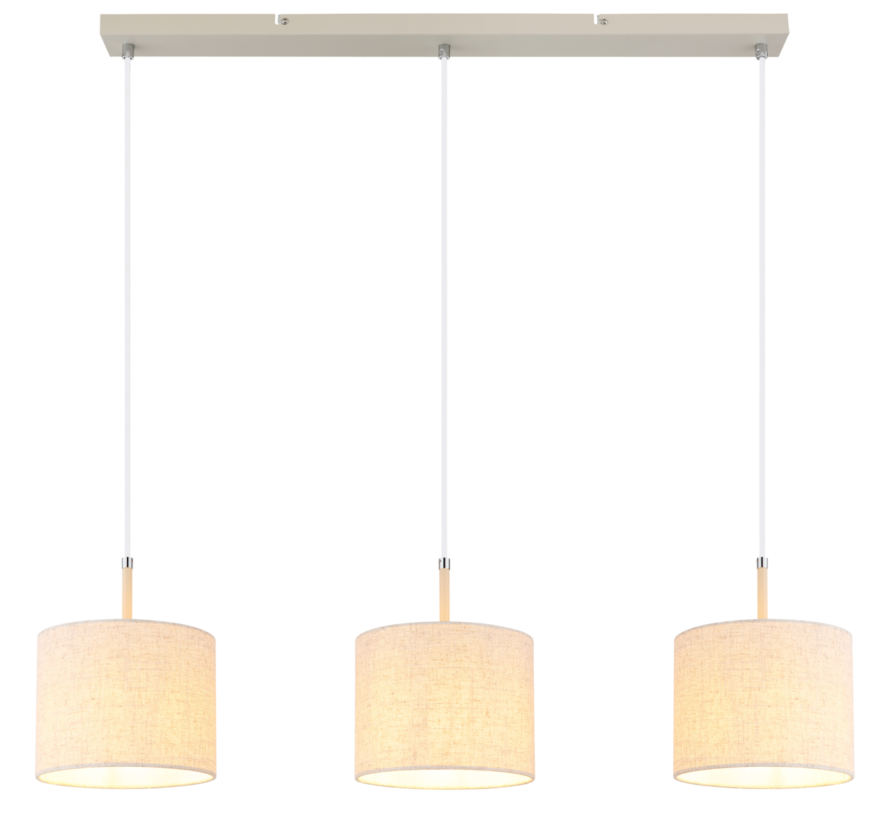 Hängeleuchte mit drei zylindrischen Lampenschirmen in beige, frontalansicht