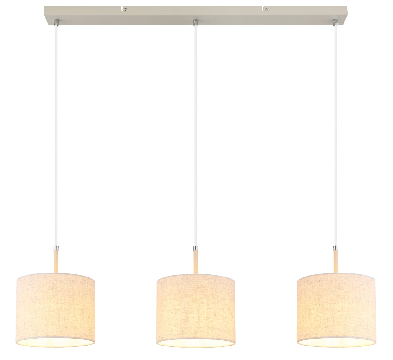 Hängeleuchte mit drei zylindrischen Lampenschirmen in beige, frontalansicht