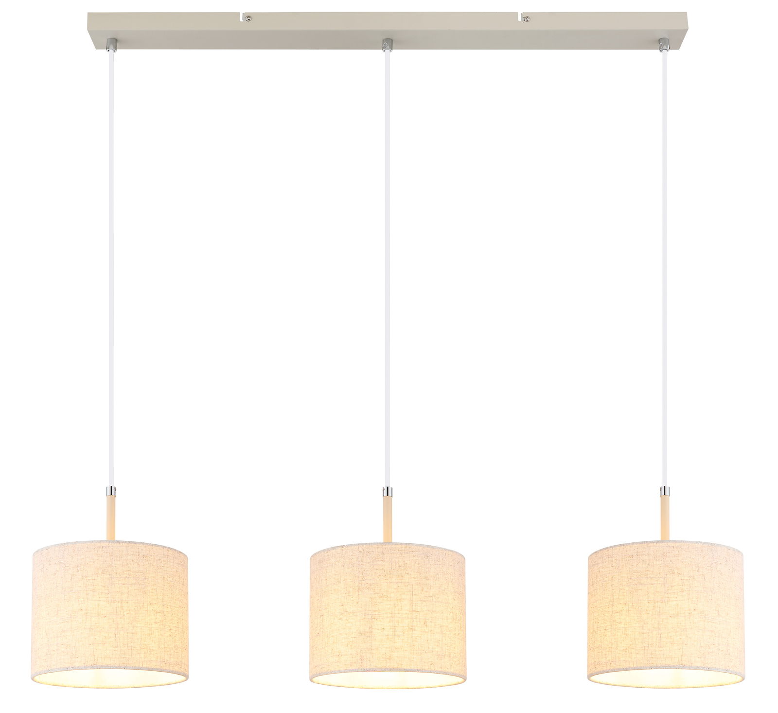 Hängeleuchte mit drei zylindrischen Lampenschirmen in beige, frontalansicht