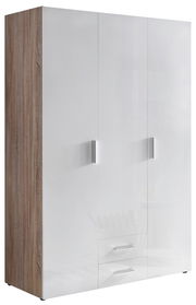 Moderner Kleiderschrank mit weißer Hochglanzfront und Holzseitenansicht, perspektivisch von links vorne fotografiert.