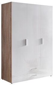 Moderner Kleiderschrank mit weißer Hochglanzfront und Holzseitenansicht, perspektivisch von links vorne fotografiert.