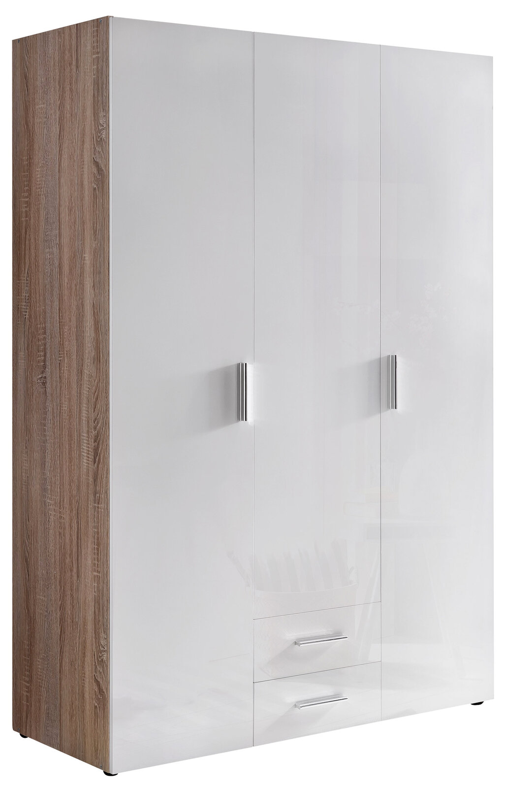 Moderner Kleiderschrank mit weißer Hochglanzfront und Holzseitenansicht, perspektivisch von links vorne fotografiert.