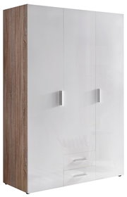 Moderner Kleiderschrank mit weißer Hochglanzfront und Holzseitenansicht, perspektivisch von links vorne fotografiert.