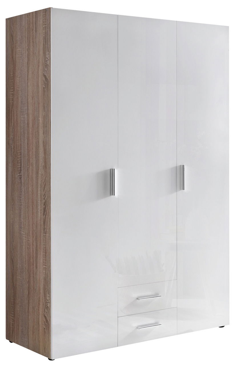 Moderner Kleiderschrank mit weißer Hochglanzfront und Holzseitenansicht, perspektivisch von links vorne fotografiert.