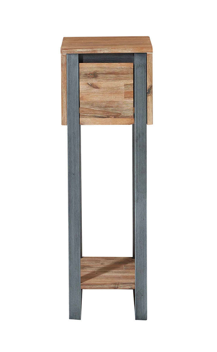 Blumensäule aus Holz und Metall in Frontalansicht