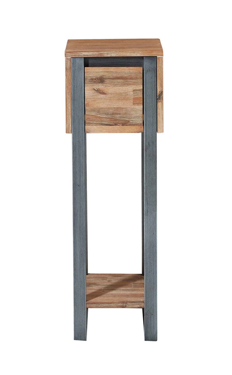 Blumensäule aus Holz und Metall in Frontalansicht