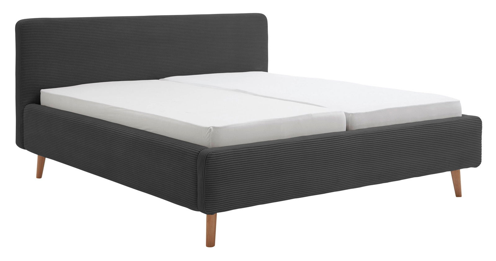 XORA Polsterbettgestell MATTIS Graues Polsterbettgestell mit Holzfüßen, seitliche Perspektive