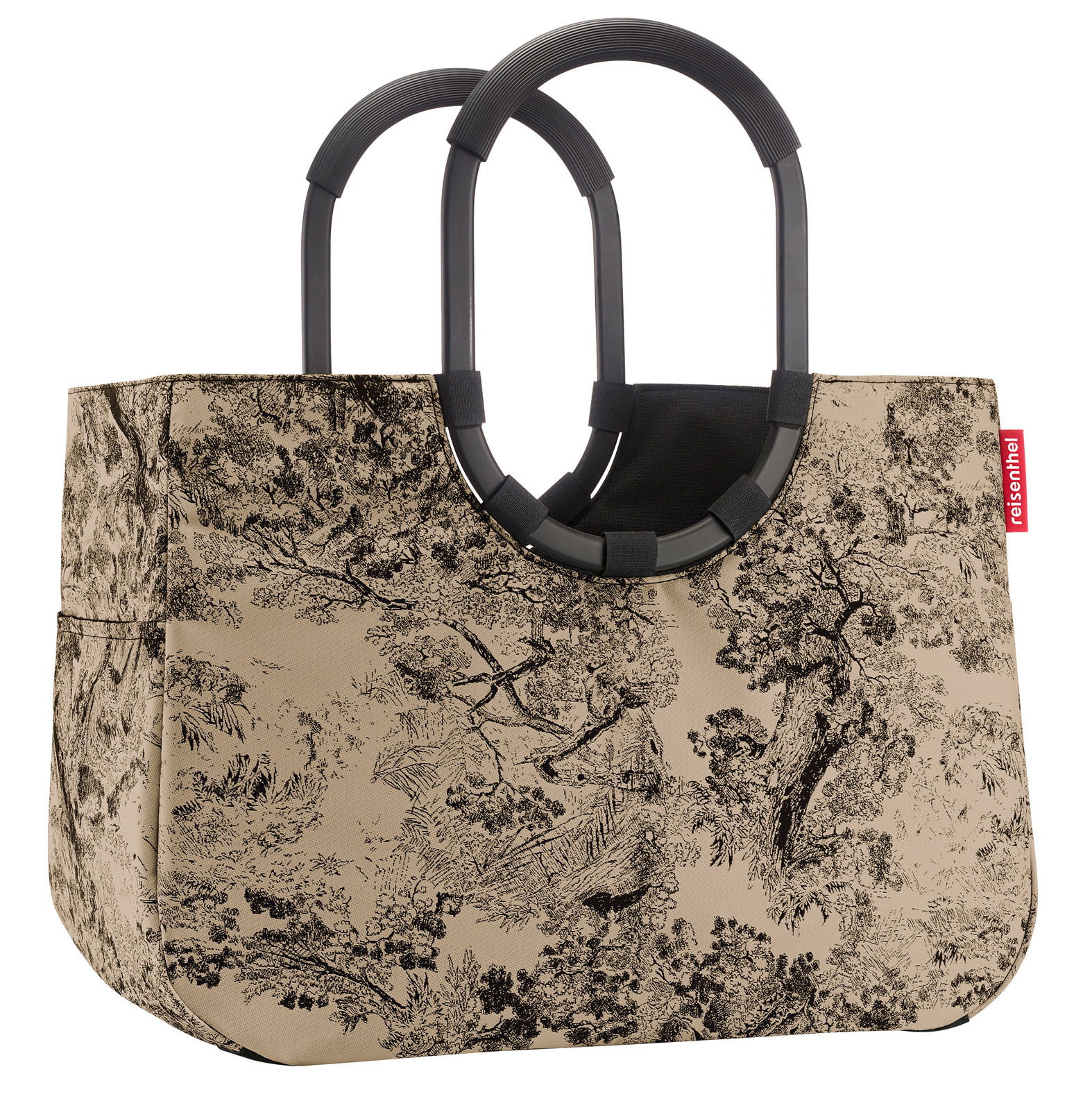 Loopshopper L mit schwarzem Griff und beige-schwarzem Baum-Muster, seitliche Perspektive