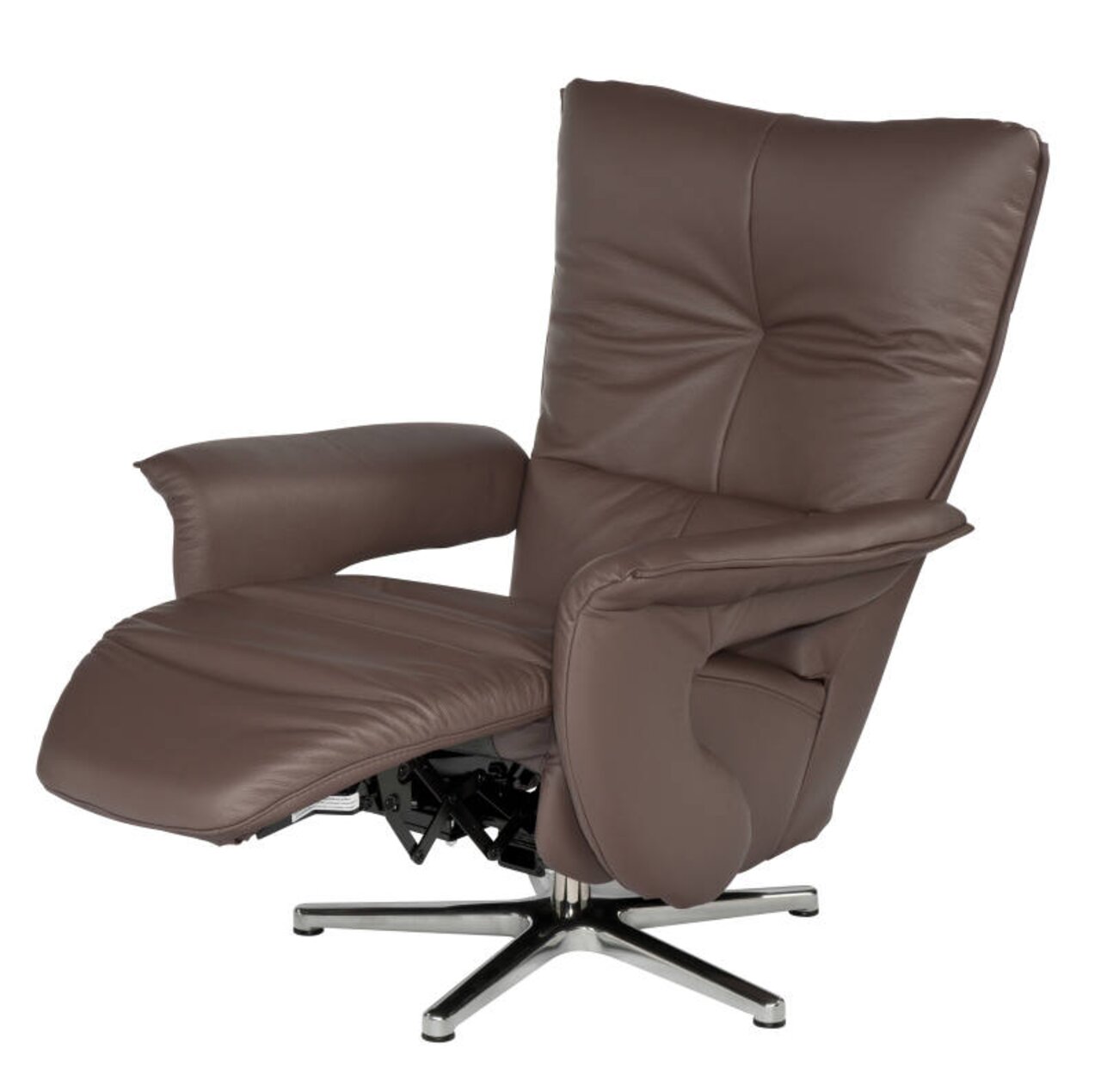 Brauner Fernsehsessel mit verstellbarer Fußstütze und drehbarem Metallfuß, seitliche Perspektive