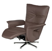 Brauner Fernsehsessel mit verstellbarer Fußstütze und drehbarem Metallfuß, seitliche Perspektive