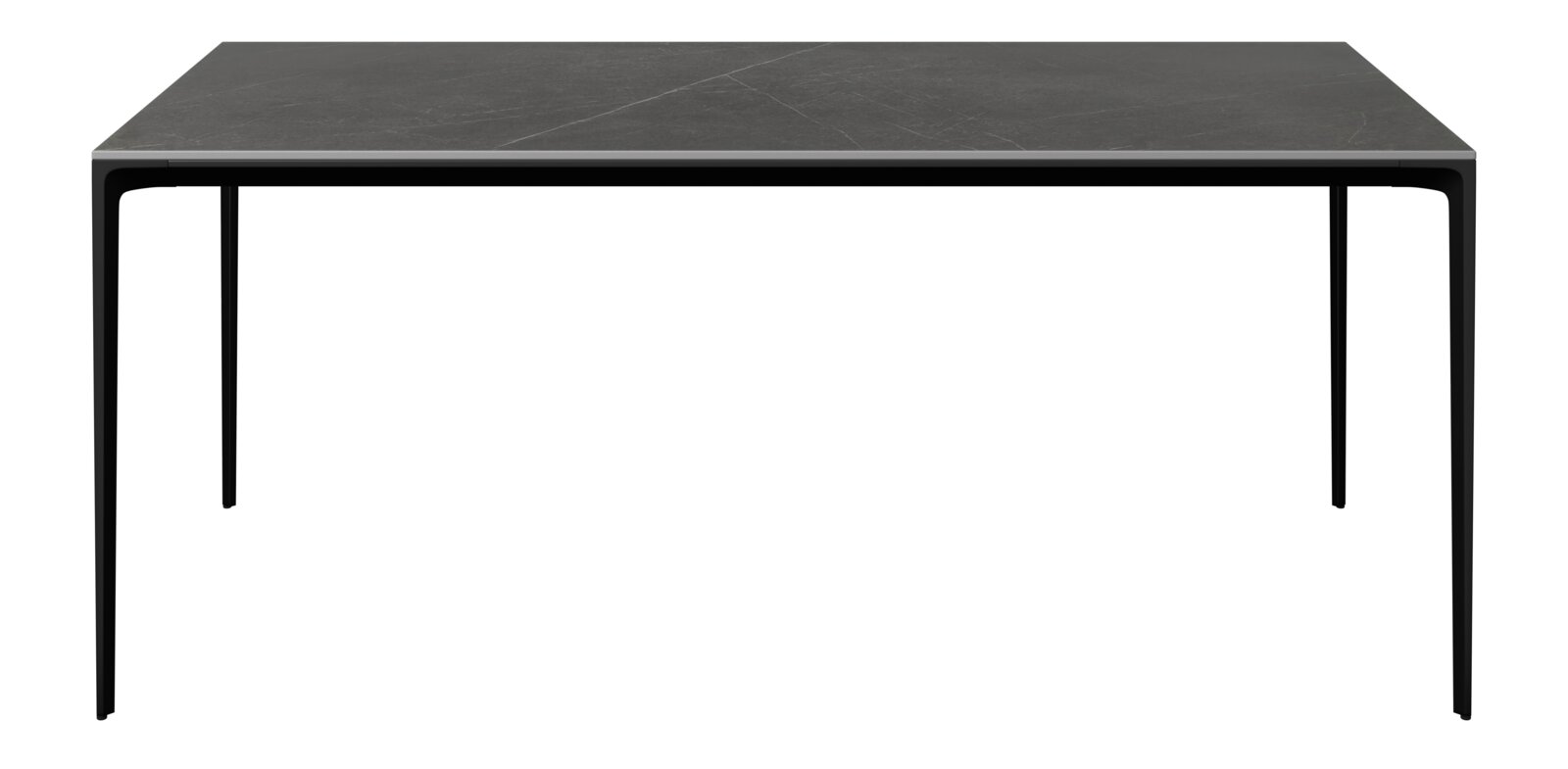 Moderner schwarzer Gartentisch aus Metall, frontal betrachtet.
