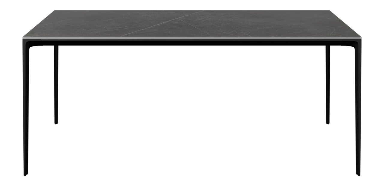 Moderner schwarzer Gartentisch aus Metall, frontal betrachtet.