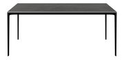 Moderner schwarzer Gartentisch aus Metall, frontal betrachtet.