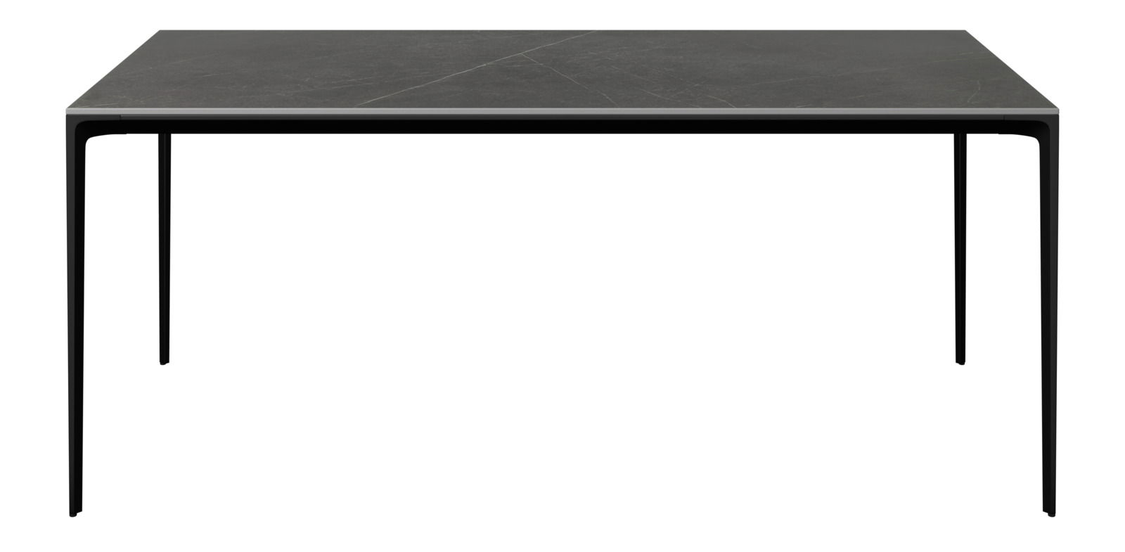 Moderner schwarzer Gartentisch aus Metall, frontal betrachtet.
