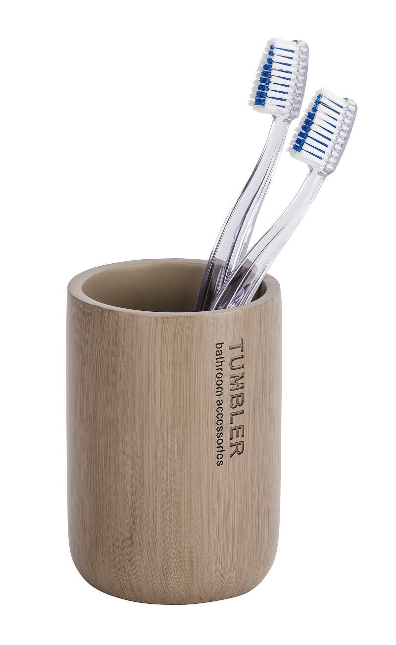 Zahnputzbecher Palo taupe mit zwei Zahnbürsten, seitliche Perspektive