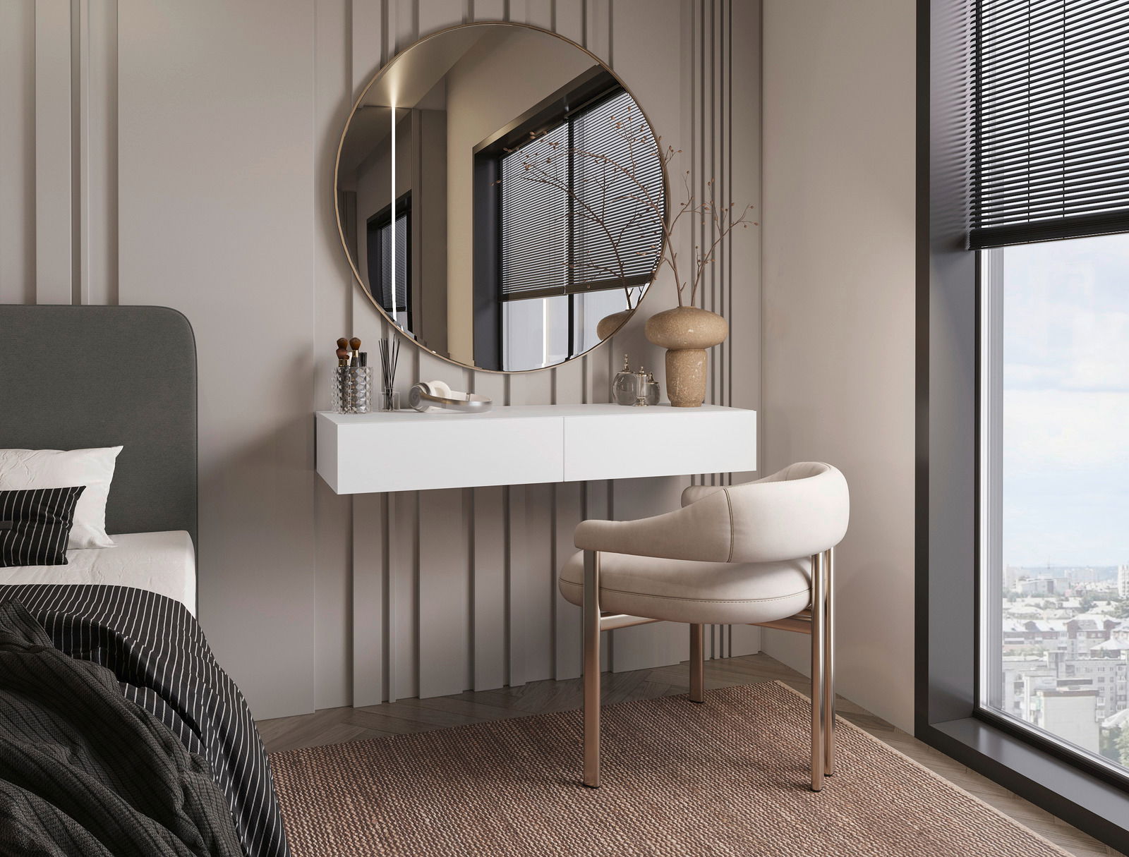 Moderne Wandkonsole in einem stilvollen Schlafzimmer, seitliche Perspektive mit rundem Spiegel und dekorativen Elementen.