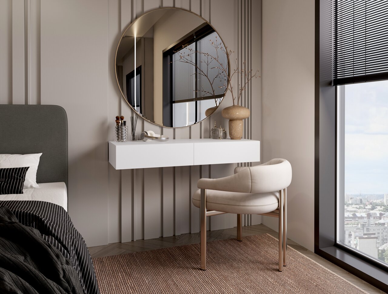 Moderne Wandkonsole in einem stilvollen Schlafzimmer, seitliche Perspektive mit rundem Spiegel und dekorativen Elementen.
