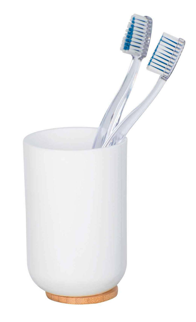 Weißer Zahnputzbecher Posa mit zwei transparenten Zahnbürsten, seitliche Perspektive