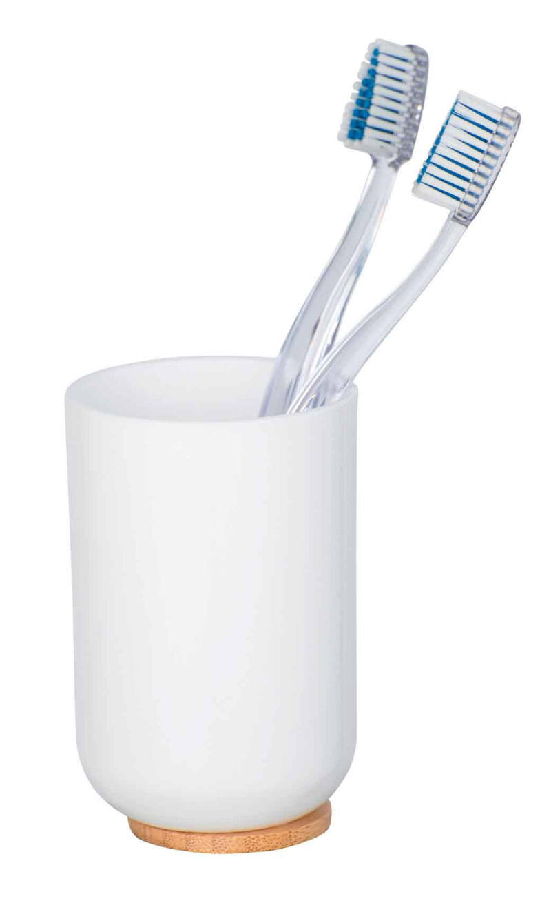 Weißer Zahnputzbecher Posa mit zwei transparenten Zahnbürsten, seitliche Perspektive