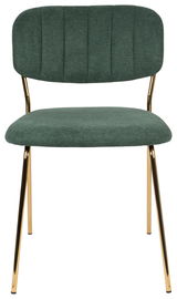 Vorderansicht eines eleganten Stuhls mit grünem Stoffbezug und goldenen Metallbeinen.