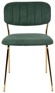 Vorderansicht eines eleganten Stuhls mit grünem Stoffbezug und goldenen Metallbeinen.