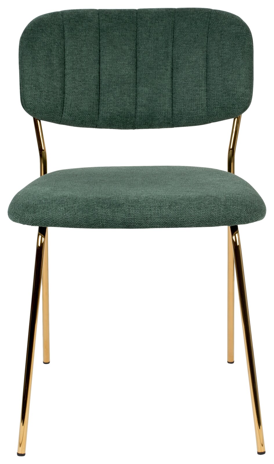 Vorderansicht eines eleganten Stuhls mit grünem Stoffbezug und goldenen Metallbeinen.