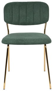 Vorderansicht eines eleganten Stuhls mit grünem Stoffbezug und goldenen Metallbeinen.