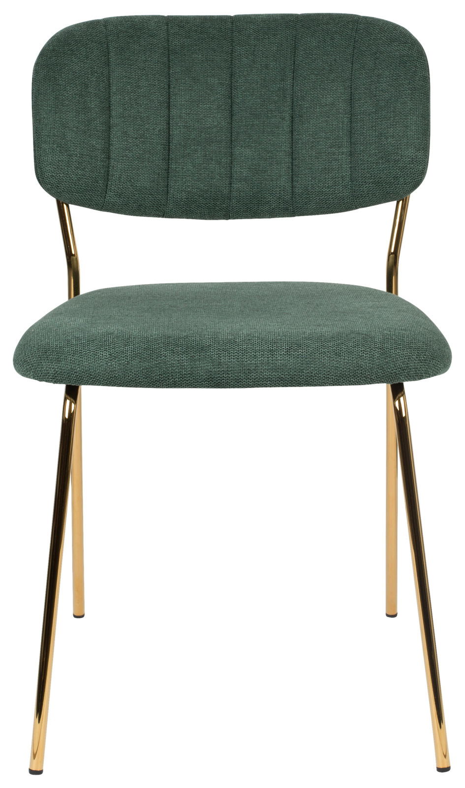 Vorderansicht eines eleganten Stuhls mit grünem Stoffbezug und goldenen Metallbeinen.