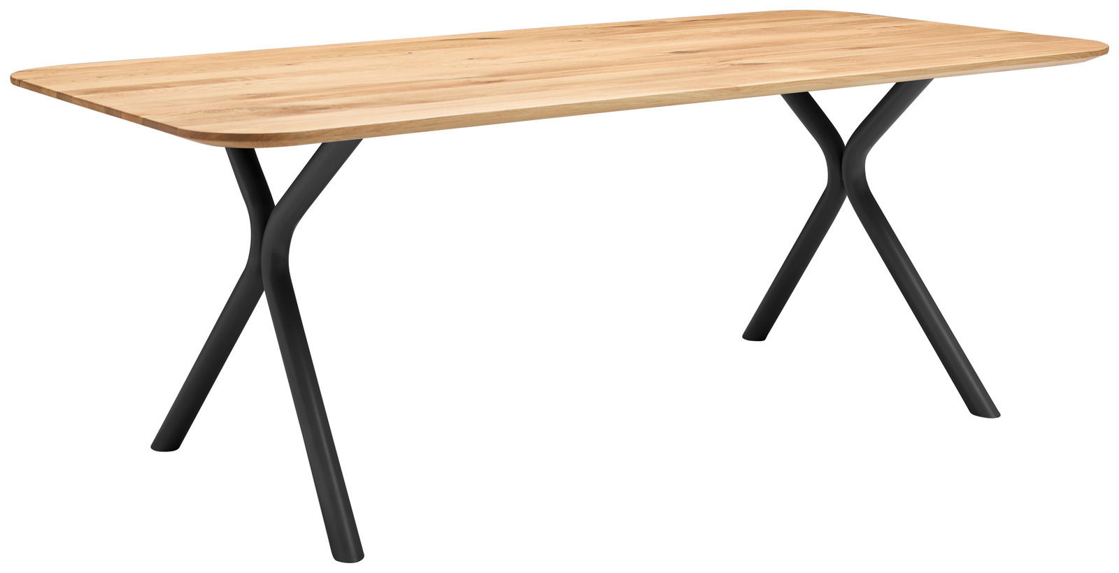 Moderner Esstisch mit Holzplatte und schwarzen Metallbeinen, seitliche Perspektive