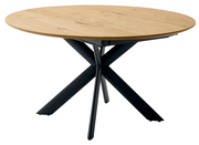 Runder Esstisch mit Holzplatte und schwarzem Metallgestell, seitliche Perspektive