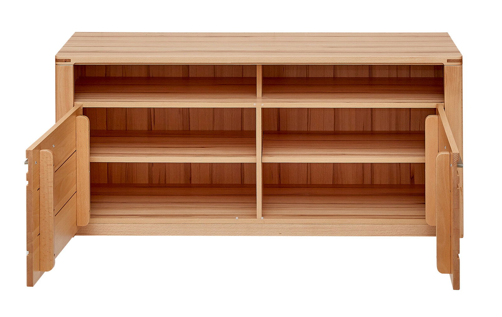 TV-Lowboard aus Holz mit geöffneter Frontansicht, zwei Türen und mehreren Regalfächern.