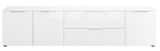 Weißes XL-TV-Lowboard mit mehreren Schubladen und Türen, frontale Ansicht.