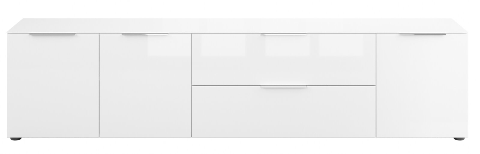 Weißes XL-TV-Lowboard mit mehreren Schubladen und Türen, frontale Ansicht.