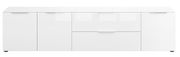 Weißes XL-TV-Lowboard mit mehreren Schubladen und Türen, frontale Ansicht.