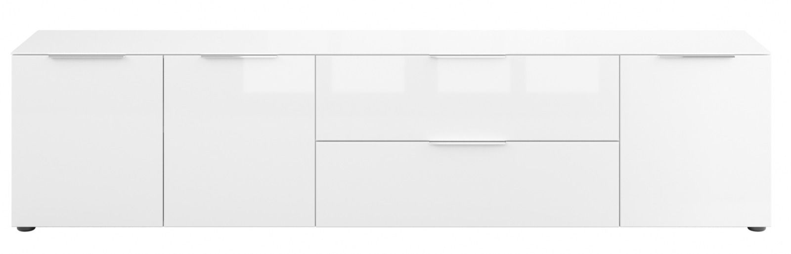 Weißes XL-TV-Lowboard mit mehreren Schubladen und Türen, frontale Ansicht.