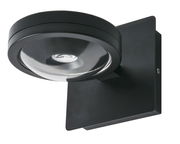 Schwarze LED Wandleuchte mit rundem Lampenschirm, seitliche Perspektive