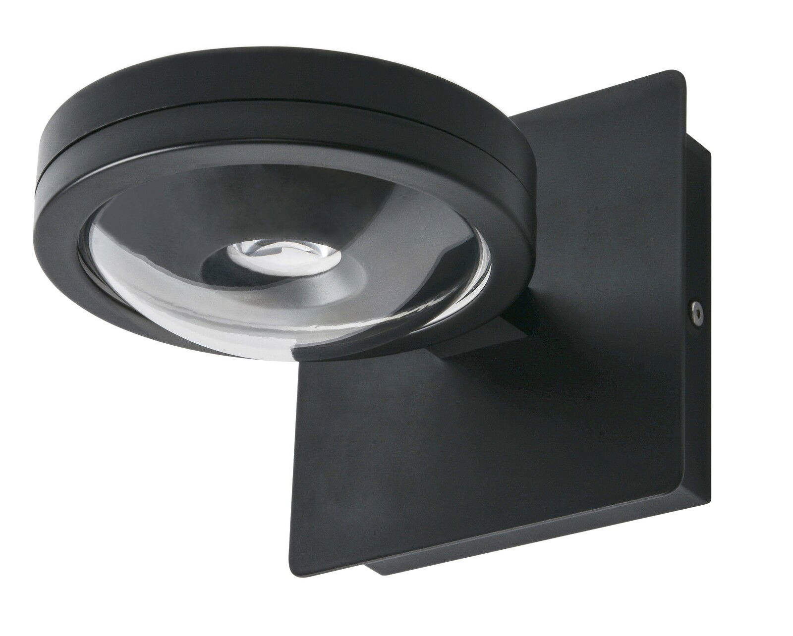 Schwarze LED Wandleuchte mit rundem Lampenschirm, seitliche Perspektive