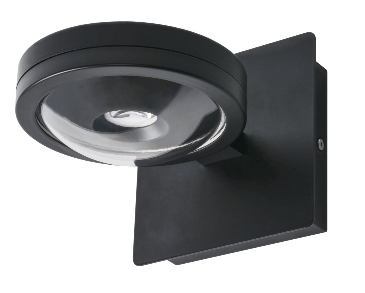 Schwarze LED Wandleuchte mit rundem Lampenschirm, seitliche Perspektive