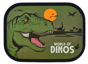Lunchbox mit Dinosaurier-Motiv, zeigt einen grünen T-Rex vor einer prähistorischen Landschaft mit Vulkan und anderen Dinosauriern, aus der Vorderansicht.