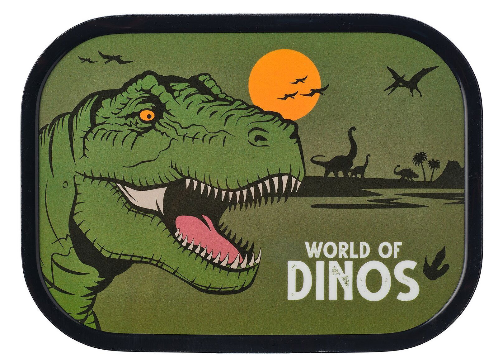 Lunchbox mit Dinosaurier-Motiv, zeigt einen grünen T-Rex vor einer prähistorischen Landschaft mit Vulkan und anderen Dinosauriern, aus der Vorderansicht.