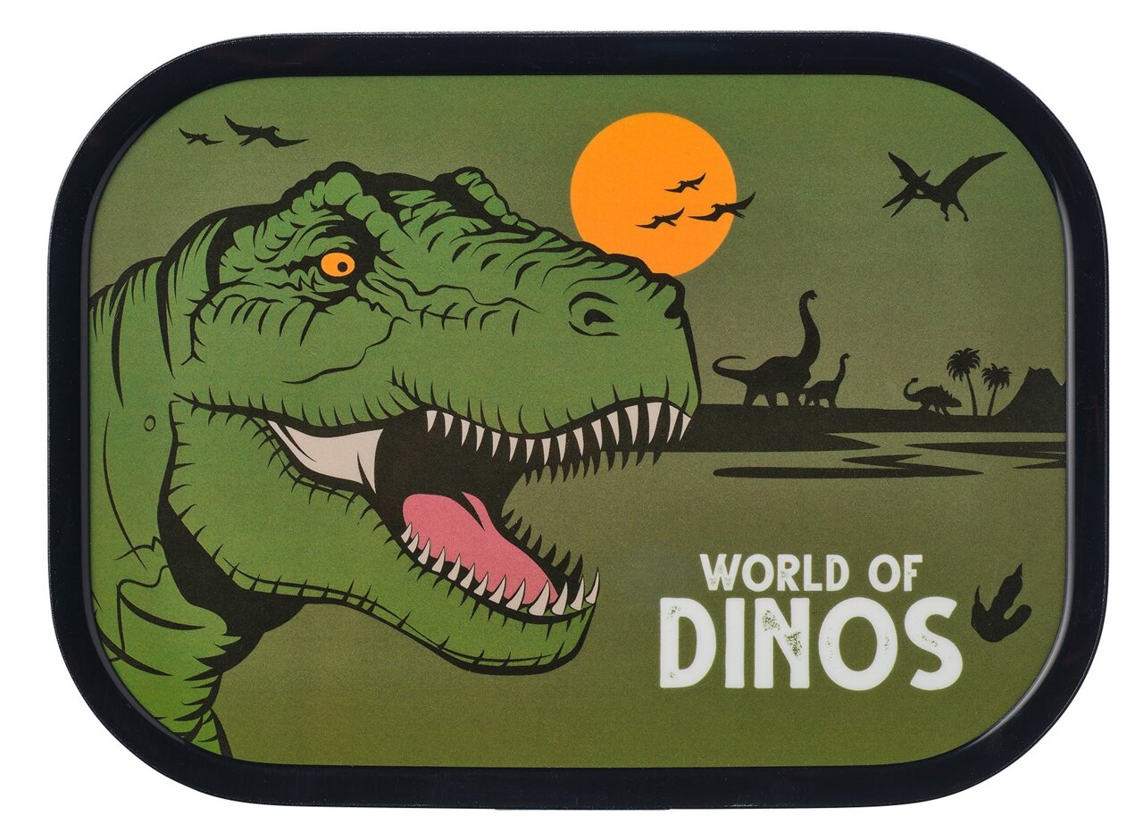 Lunchbox met dinosaurusmotief, waarop een groene T-Rex te zien is tegen een prehistorisch landschap met een vulkaan en andere dinosaurussen, gezien van voren.