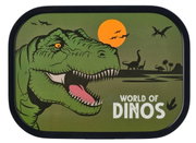 Lunchbox met dinosaurusmotief, waarop een groene T-Rex te zien is tegen een prehistorisch landschap met een vulkaan en andere dinosaurussen, gezien van voren.