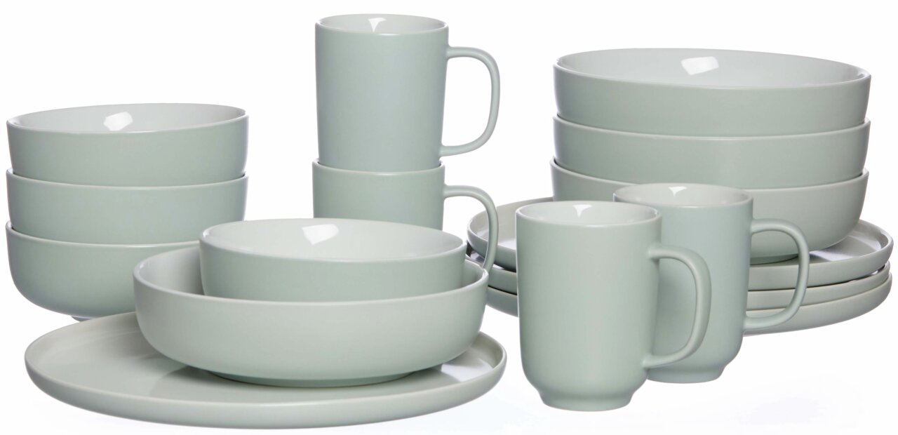Ritzenhoff & Breker Kombiservice 16-tlg. JASPER Kombiservice Jasper 16-teilig in sanftem Pastellgrün, bestehend aus Tellern, Schalen und Tassen, seitliche Perspektive