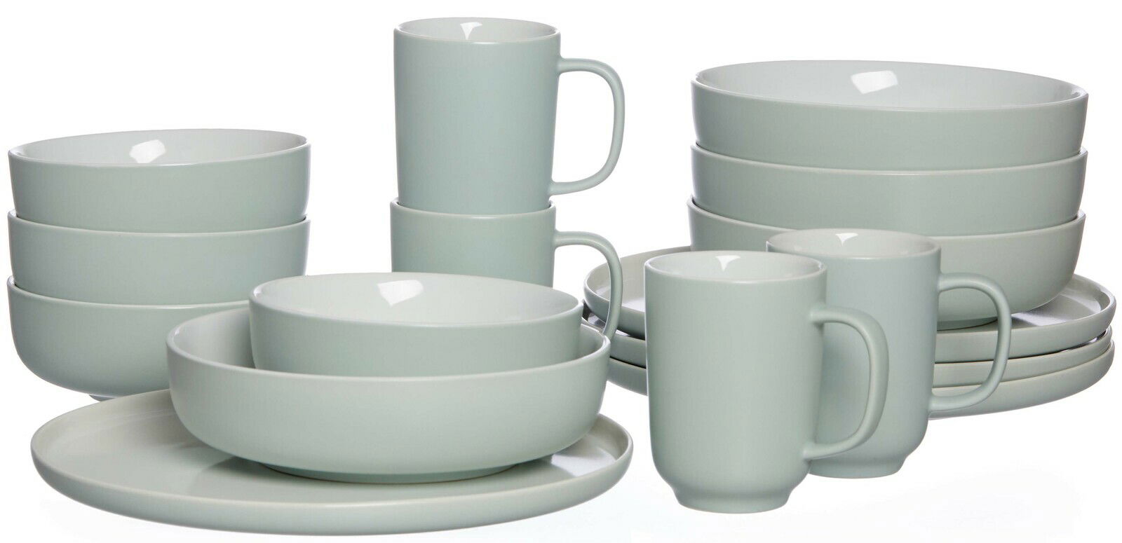 Kombiservice Jasper 16-teilig in sanftem Pastellgrün, bestehend aus Tellern, Schalen und Tassen, seitliche Perspektive