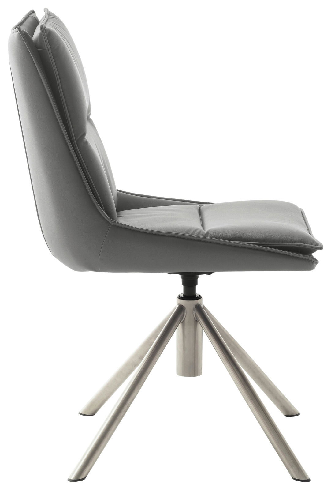 Moderner grauer Stuhl mit gepolsterter Sitzfläche und Rückenlehne, seitliche Perspektive, auf einem stabilen Metallgestell.