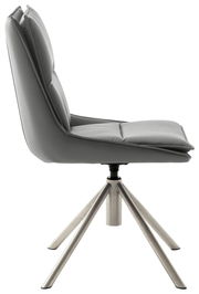 Moderner grauer Stuhl mit gepolsterter Sitzfläche und Rückenlehne, seitliche Perspektive, auf einem stabilen Metallgestell.